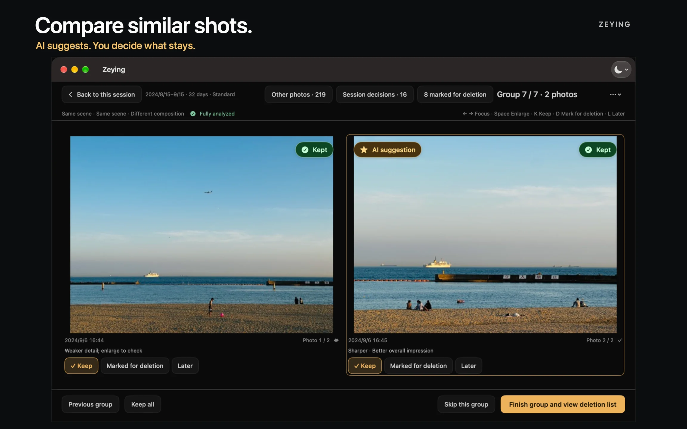 Real Zeying interface showing two similar seaside photos, an advisory suggestion and the user's keep decisions